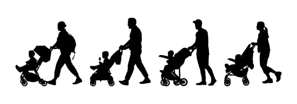 Group of parents walking with babies in strollers side view silhouette set.