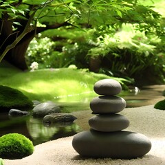 Closeup on stacked stones in a perfect zen garden