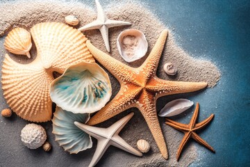 A summer beach with starfish and seashells in the sea. Summertime setting. Summer has arrived. Generative AI