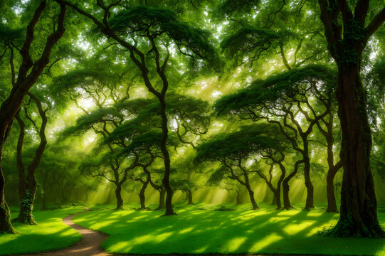 Beautiful nature landscape with green tree and sunlight in the morning. Beautiful nature landscape. Generative AI technology.