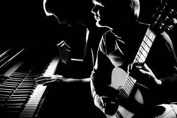 Musical duet piano and acoustic guitar player. Pianist and guitarist classical musicians - obrazy, fototapety, plakaty