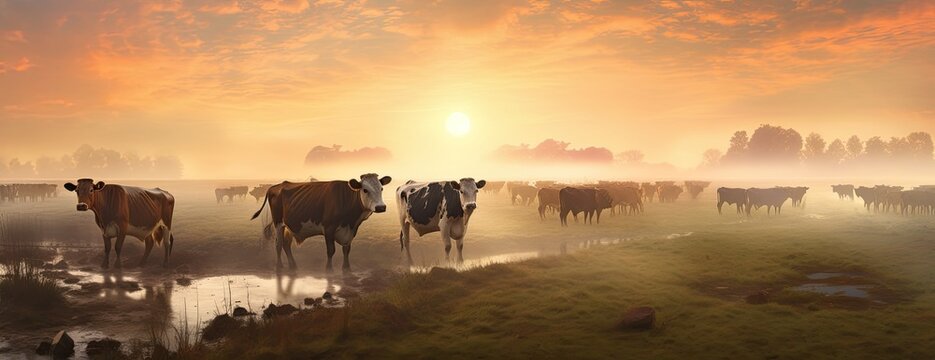 Panorama of grazing cows in a meadow with grass covered with dewdrops and morning fog, and in the background the sunrise in a small haze. Created with Generative AI technology.