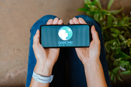 June 18, 2023, Brazil. In this photo illustration, the Danone S.A. logo is displayed on a smartphone screen.