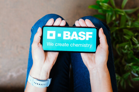 June 18, 2023, Brazil. In this photo illustration, the BASF logo is displayed on a smartphone screen.