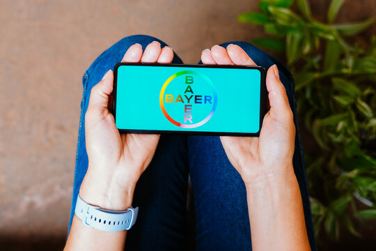 June 18, 2023, Brazil. In this photo illustration, the Bayer AG logo is displayed on a smartphone screen.