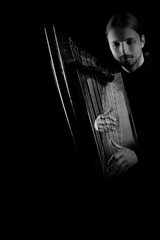 Irish Harp player. Harpist playing celtic harp acoustic music