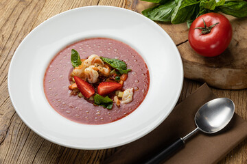 Delicious soup from the restaurant. Close up