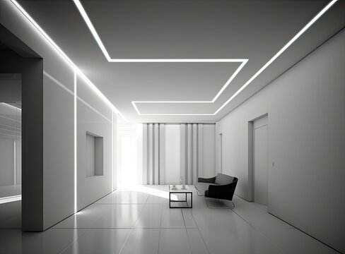 suspended ceiling with halogen spots lamps and drywall construction in empty room in apartment or house. Stretch ceiling white and complex shape. Created with Generative AI technology.
