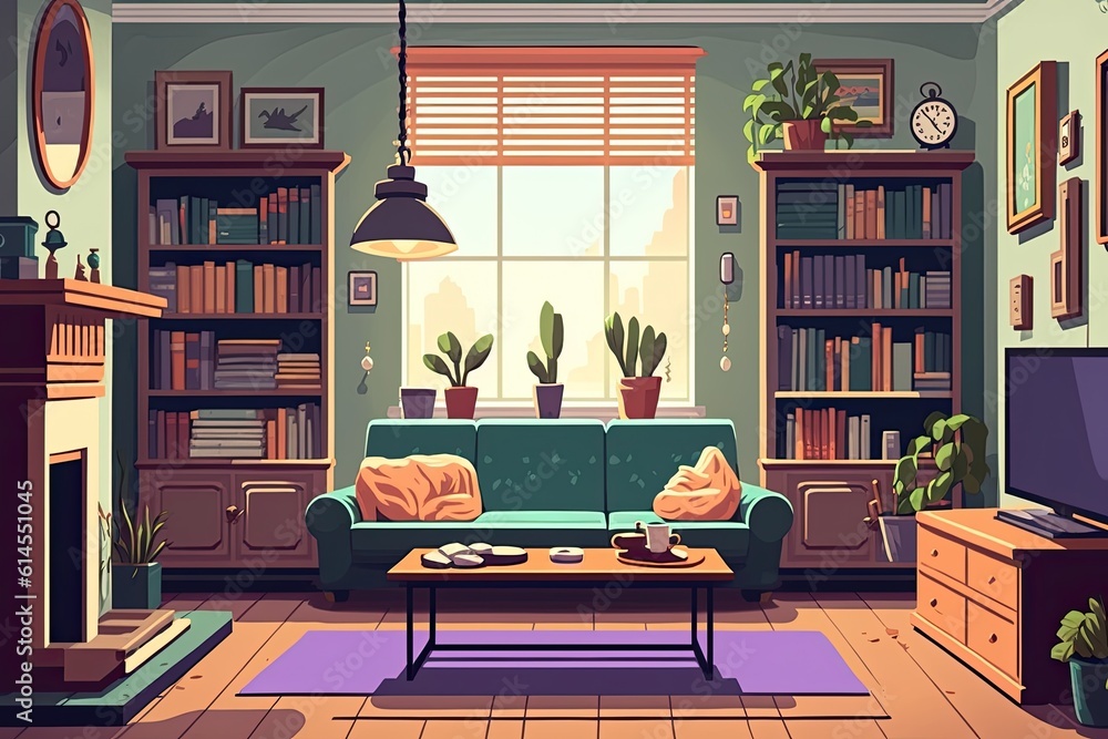 Poster cozy living room with modern furniture and entertainment center. Generative AI