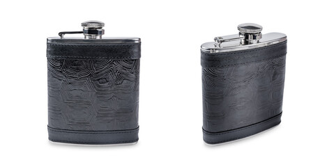 Black leather canteen for alcohol on a white isolated background