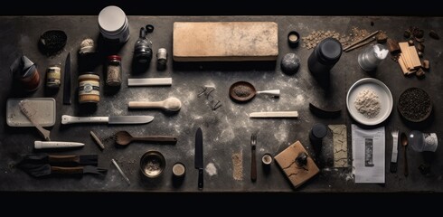 Baking ingredients on a dark wood background. Created with Generative AI technology.