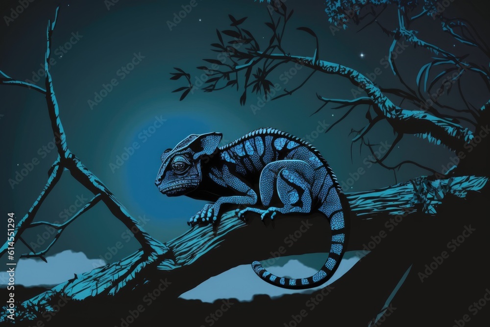 Poster chameleon perched on a tree branch under the moonlight. generative ai