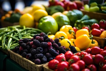 A vibrant summer farmers market brimming with a colorful array of fresh fruits and vegetables in closeup