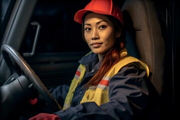 Candid shot of a confident asian female delivery truck driver seated at the helm, an embodiment of the integral role women play in the logistics industry