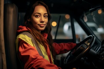 Candid shot of a confident female delivery truck driver seated at the helm, an embodiment of the integral role women play in the logistics industry