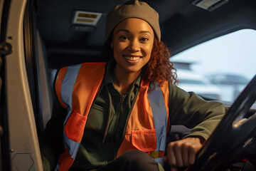 Candid shot of a confident african american female  delivery truck driver seated at the helm, an embodiment of the integral role women play in the logistics industry