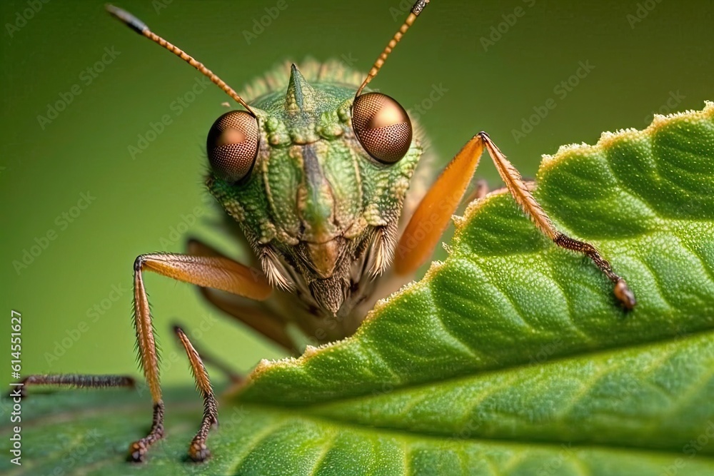 Poster macro shot of a bug on a green leaf. generative ai