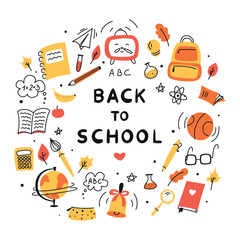 set of doodles elements for school, doodle school, school theme, school doodles, inscription in a notebook, training, lessons, time for training, Set of school tools, set of education icons	