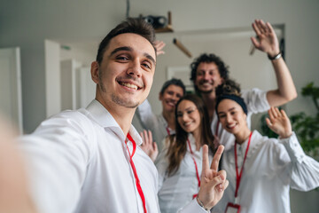 portrait of group of people colleagues at business conference seminar