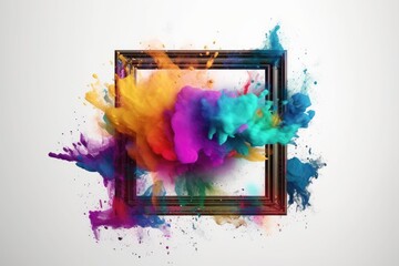 Fototapeta na wymiar Color splash with neon frame for wallpaper design. Colorful dust explode, background of color explosions around a picture frame, AI