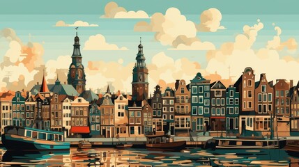 Amsterdam waterfront painting, artwork cityscape of Amsterdam, AI - obrazy, fototapety, plakaty