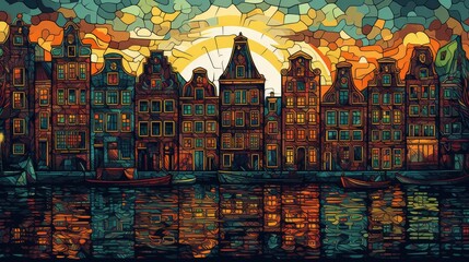 Painting Amsterdam, Van Gogh style landscape, colorful background, illustration of the cityscape, AI