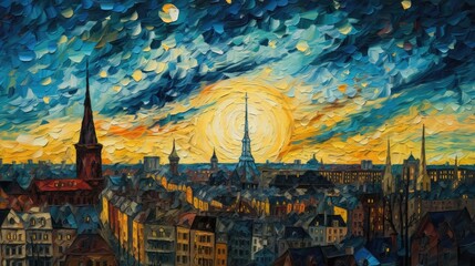 Painting Berlin, Van Gogh style landscape, colorful background, illustration of the cityscape, AI