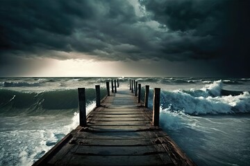 Obraz premium pier stretching out into the ocean with stormy clouds in the background. Generative AI