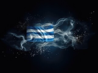 Greek flag concept art, national flag represented in smoke with shiny glitter particles, background graphic resource, AI