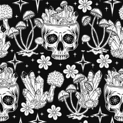 Surreal pattern with human skull, crystals, mushrooms and stars Concept of sacred spirit, magic, extended mind. Psychedelic surreal illustration. For prints, clothing, t shirt, textile, surface design