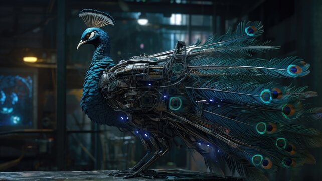 Cyberpunk peacock, with buatiful fethers AI