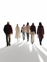 silhouette of older people walking away, graphic business resource of people on white background, AI