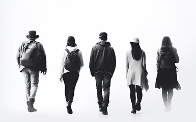 silhouette of young people walking away, graphic resource of people on white background, AI