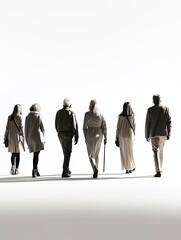 silhouette of older people walking away, graphic resource of people on white background, AI