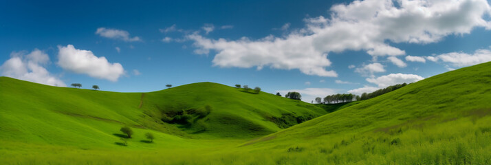 Fototapeta na wymiar Green hills and a blue sky with clouds, Generative AI