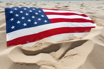 Red white and blue flag in sand, American flag on the beach, USA summer day, AI