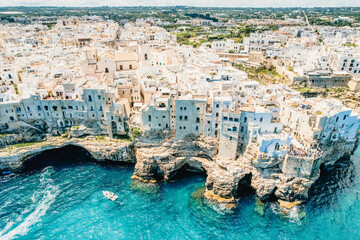 Spectacular spring cityscape of Polignano a Mare town, Puglia region, Italy, Europe. Colorful...