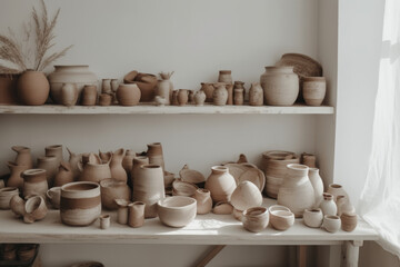 Fototapeta na wymiar Handmade clay pottery set on a white shelf.