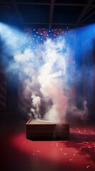 Stage with spotlight, red, white and blue smoke and particle effects, great for 4th of July backdrop or product placement ai