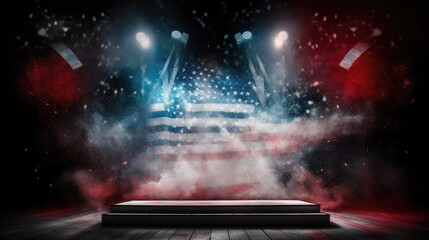 Stage with spotlight, red, white and blue smoke and particle effects, great for 4th of July backdrop or product placement ai