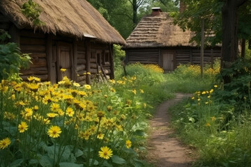 Yellow flowers on the backyard of old peasant cottage. Detail of open-air ethnography museum in Tokarnia, Poland.