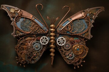 Butterfly concept for steampunk art, butterfly with gears and steampunk accents, concept background, AI