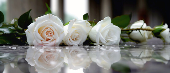 Beautiful white flowers, roses, over marble background. Bouquet of flowers at cemetery , funeral concept. - 614553240