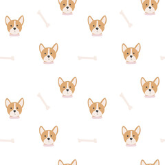 Seamless pattern with dog head with pink collar and bone for dogs on white background