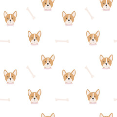 Seamless pattern with dog head with pink collar and bone for dogs on white background