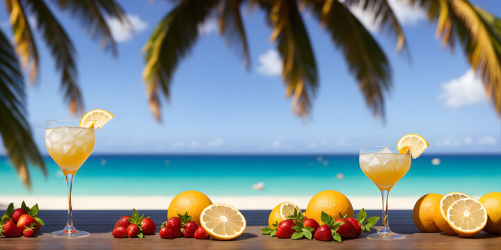 Cocktails on a tropical beach with palm trees and turquoise water. Summer vacation concept. Teasty cocktail. Beautyful background. Generative AI technology.