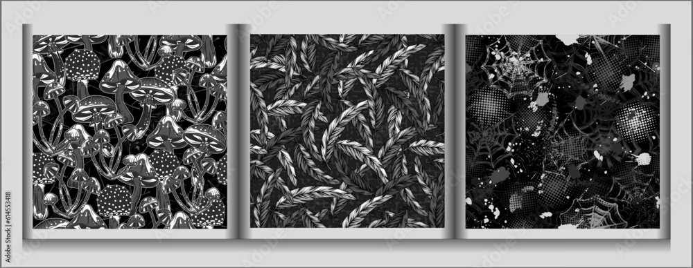 Poster seamless gray camouflage patterns with mushrooms, feathers. grunge spiderweb, smudge. dense random c