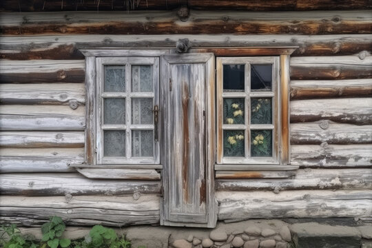 White wooden wall painted with lime, an old log house rustic village.