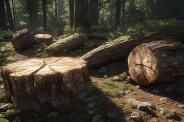 Fototapeta na wymiar Tree stumps and felled forest.