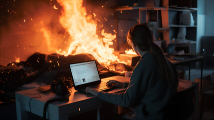 Person happily works on laptop while place is on fire